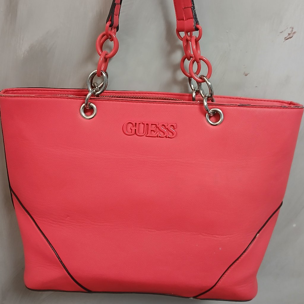 Guess Coral Pink Tote Bag With Chain-Accent Handles